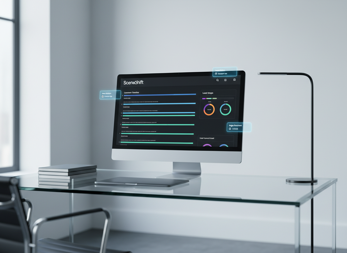 A sleek, ultra-modern glass desk displaying a large, frameless monitor filled with a clean, dark-themed CRM dashboard labeled “SceneShift.” The interface shows organized customer timelines, colorful lead stages, and small glowing AI suggestion cards hovering near key data points. The desk sits in a minimalist office with matte white walls, a single matte-black metal lamp, and a closed laptop beside a neat stack of graphite-gray notebooks. Cool daylight from a tall unseen window washes across the scene, creating gentle reflections on the glass surface. Shot at eye level in photographic realism, with a shallow depth of field softly blurring the background, the mood is professional, focused, and quietly high-tech, emphasizing clarity and control for small business operations.
